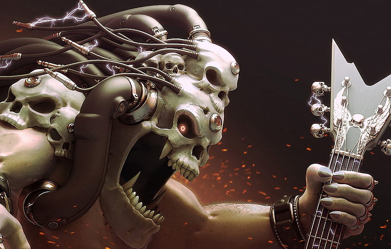 wire, skull, guitar, monster, head, art, electricity, sparks, mouth, fangs, charge for , section ÑÐµÐ½Ð´ÐµÑÐ¸Ð½Ð³, HD wallpaper
